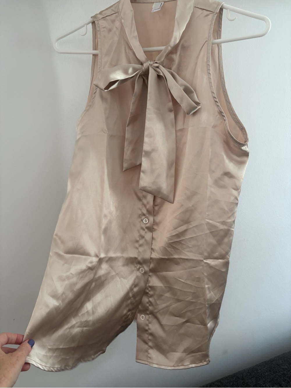 American Apparel Satin Tie-Neck Sleeveless Blouse in Champagne